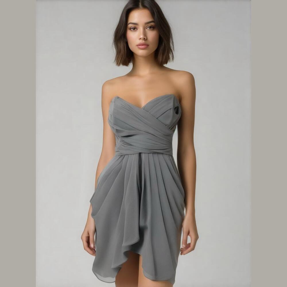 Watters & Watters Gray Strapless Chiffon Draped Formal Cocktail Party Dress 8